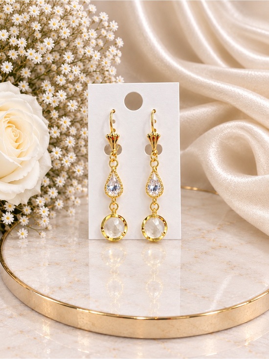 No brand Jewelry - Gold Teardrop and Round Crystal Dangle Earrings - Clear Gold